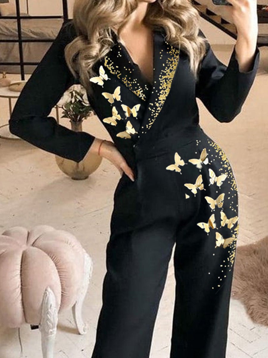 Women's Jumpsuits Butterfly Print Long Sleeve Slim Fit Jumpsuit - LuckyFash™