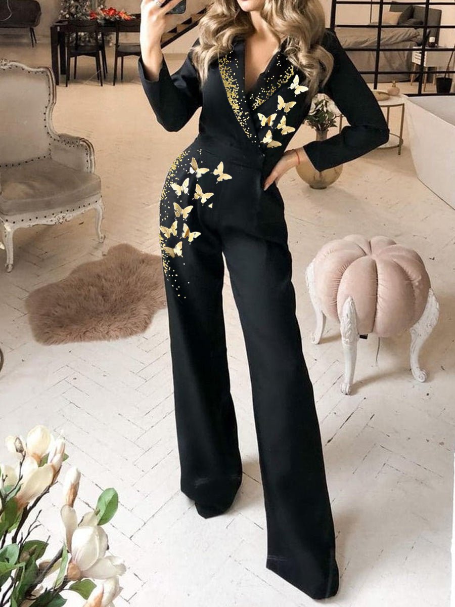 Women's Jumpsuits Butterfly Print Long Sleeve Slim Fit Jumpsuit - LuckyFash™