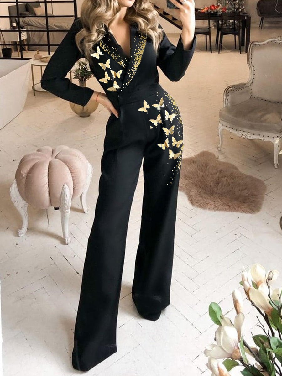 Women's Jumpsuits Butterfly Print Long Sleeve Slim Fit Jumpsuit - LuckyFash™