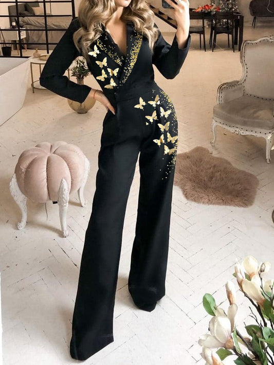 Women's Jumpsuits Butterfly Print Long Sleeve Slim Fit Jumpsuit - LuckyFash™