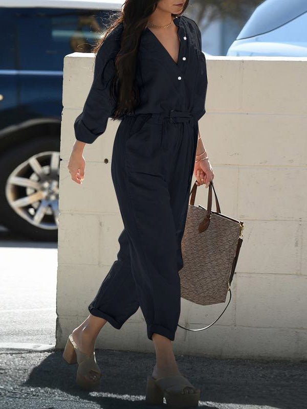 Women's Jumpsuits Button Belted Long Sleeve Pocket Cargo Jumpsuit - LuckyFash™