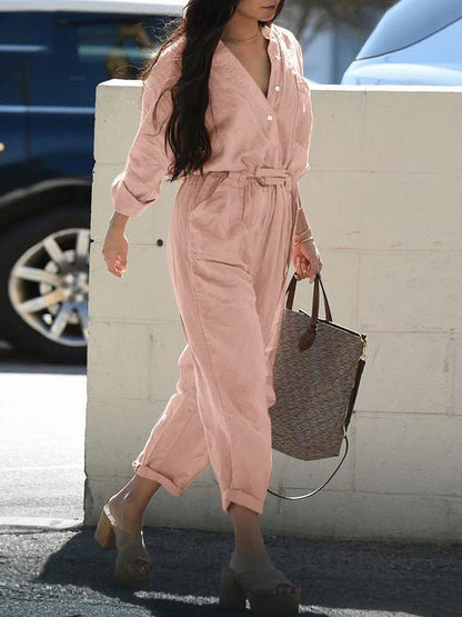 Women's Jumpsuits Button Belted Long Sleeve Pocket Cargo Jumpsuit - LuckyFash™
