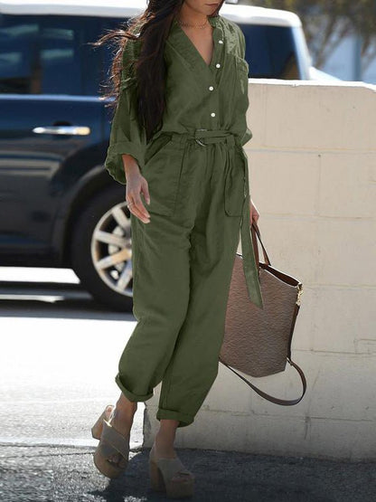Women's Jumpsuits Button Belted Long Sleeve Pocket Cargo Jumpsuit - LuckyFash™