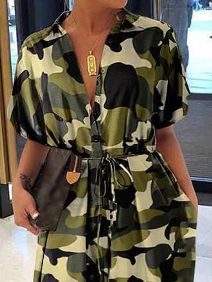 Women's Jumpsuits Camouflage Lapel Tie Button Casual Jumpsuit - LuckyFash™