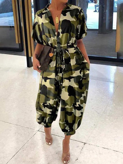 Women's Jumpsuits Camouflage Lapel Tie Button Casual Jumpsuit - LuckyFash™