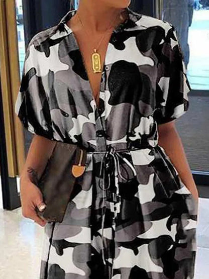 Women's Jumpsuits Camouflage Lapel Tie Button Casual Jumpsuit - LuckyFash™