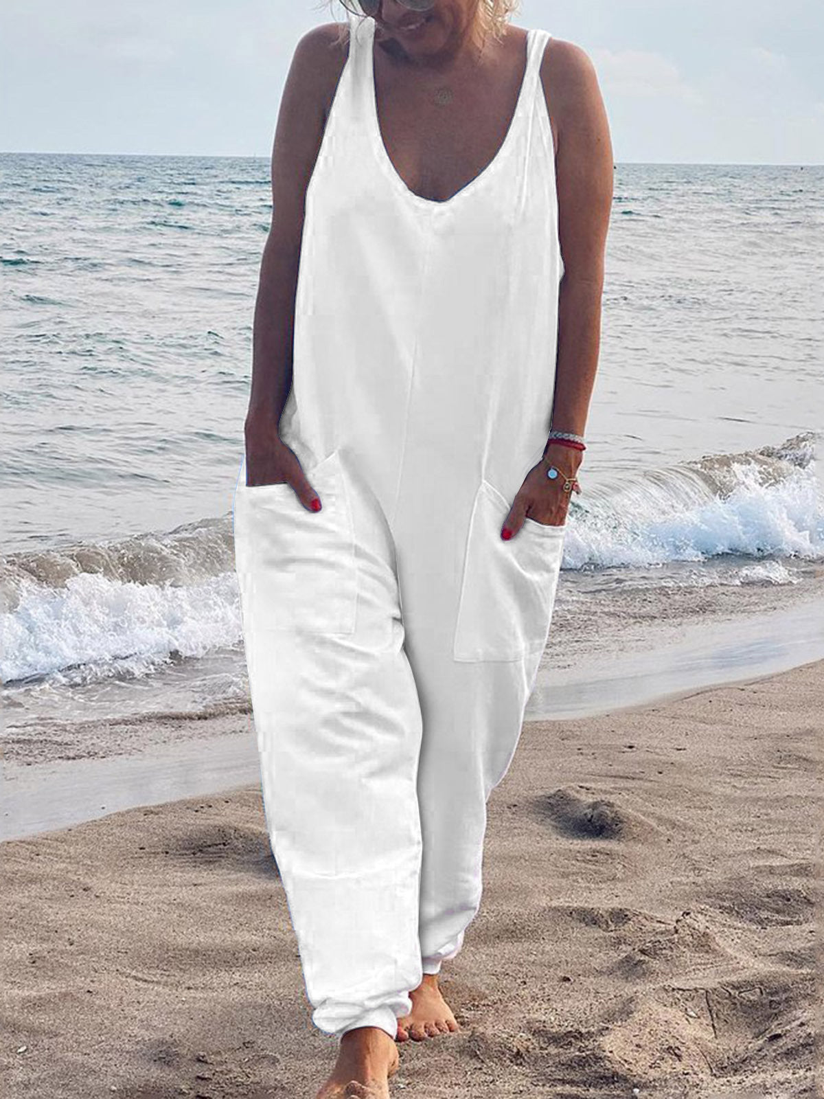 Women's Jumpsuits Casual Print V-Neck Pocket Sleeveless Jumpsuit - LuckyFash™