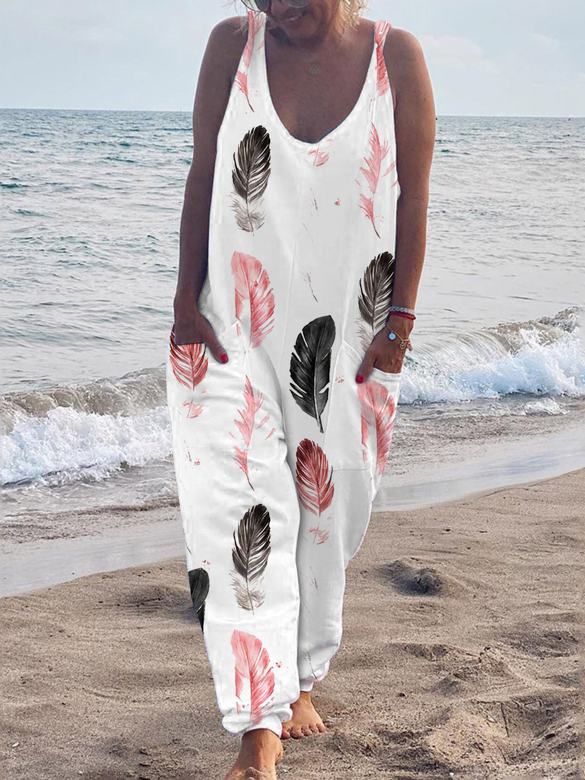 Women's Jumpsuits Casual Print V-Neck Pocket Sleeveless Jumpsuit - LuckyFash™