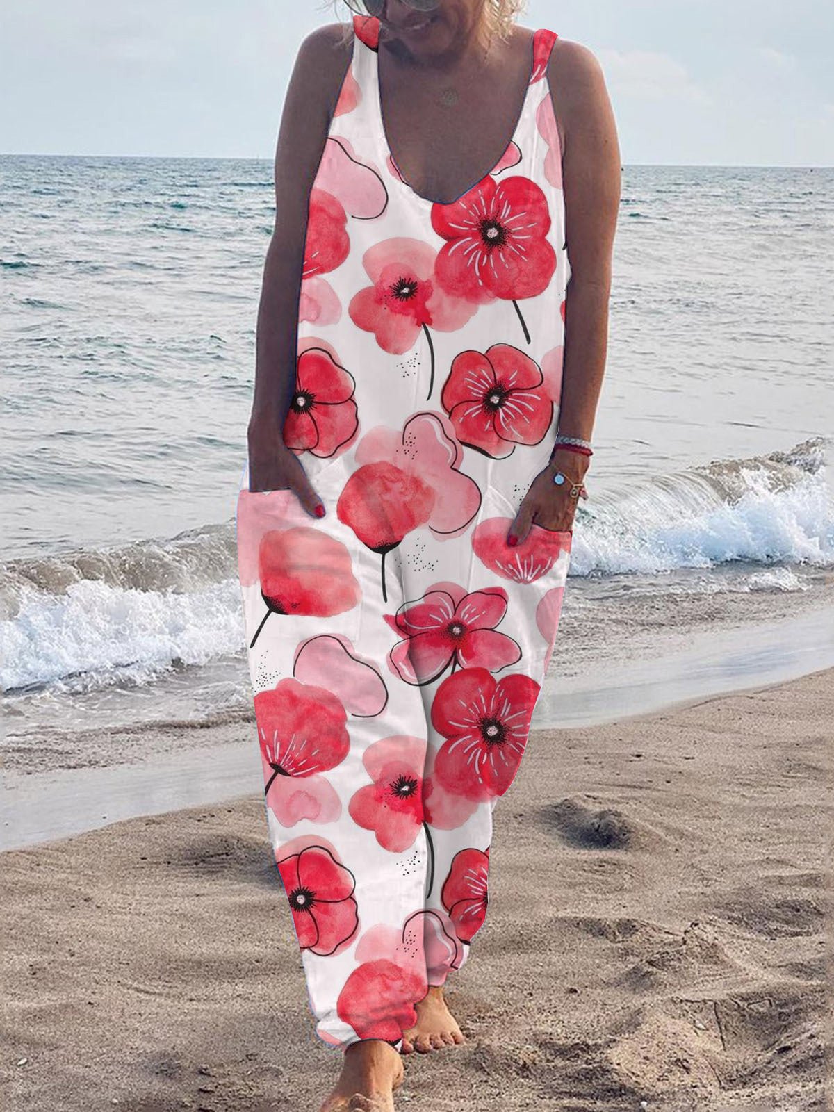 Women's Jumpsuits Casual Print V-Neck Pocket Sleeveless Jumpsuit - LuckyFash™