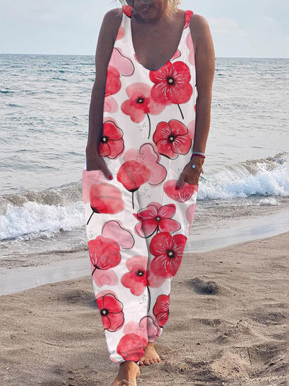 Women's Jumpsuits Casual Print V-Neck Pocket Sleeveless Jumpsuit - LuckyFash™