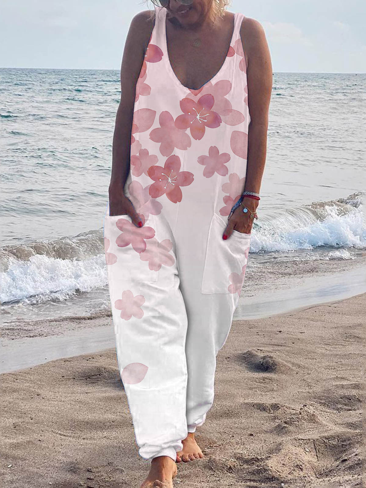 Women's Jumpsuits Casual Print V-Neck Pocket Sleeveless Jumpsuit - LuckyFash™