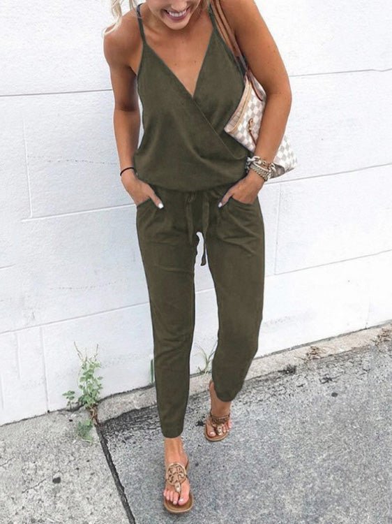 Women's Jumpsuits Casual Sling V-Neck Belted Pocket Jumpsuit - LuckyFash™