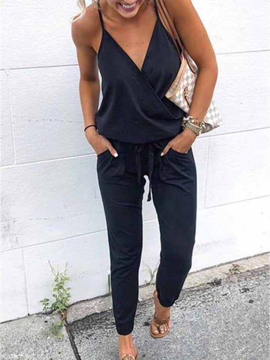 Women's Jumpsuits Casual Sling V-Neck Belted Pocket Jumpsuit - LuckyFash™