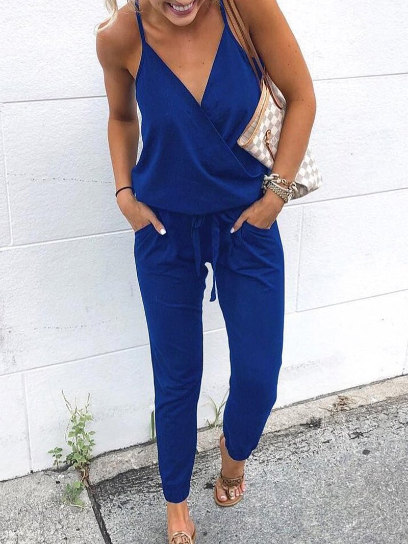 Women's Jumpsuits Casual Sling V-Neck Belted Pocket Jumpsuit - LuckyFash™