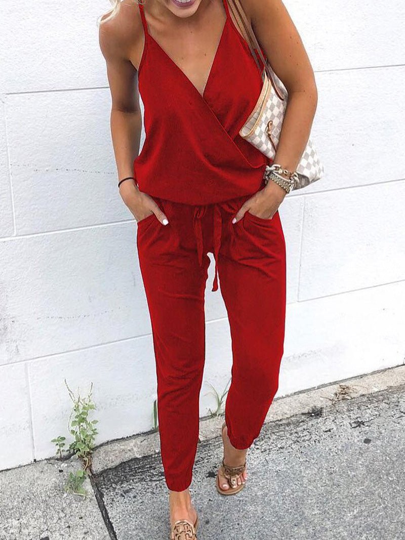 Women's Jumpsuits Casual Sling V-Neck Belted Pocket Jumpsuit - LuckyFash™