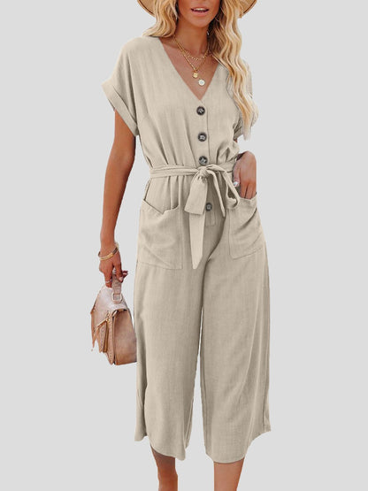 Women's Jumpsuits Casual V-Neck Belted Double Pocket Jumpsuit - LuckyFash™