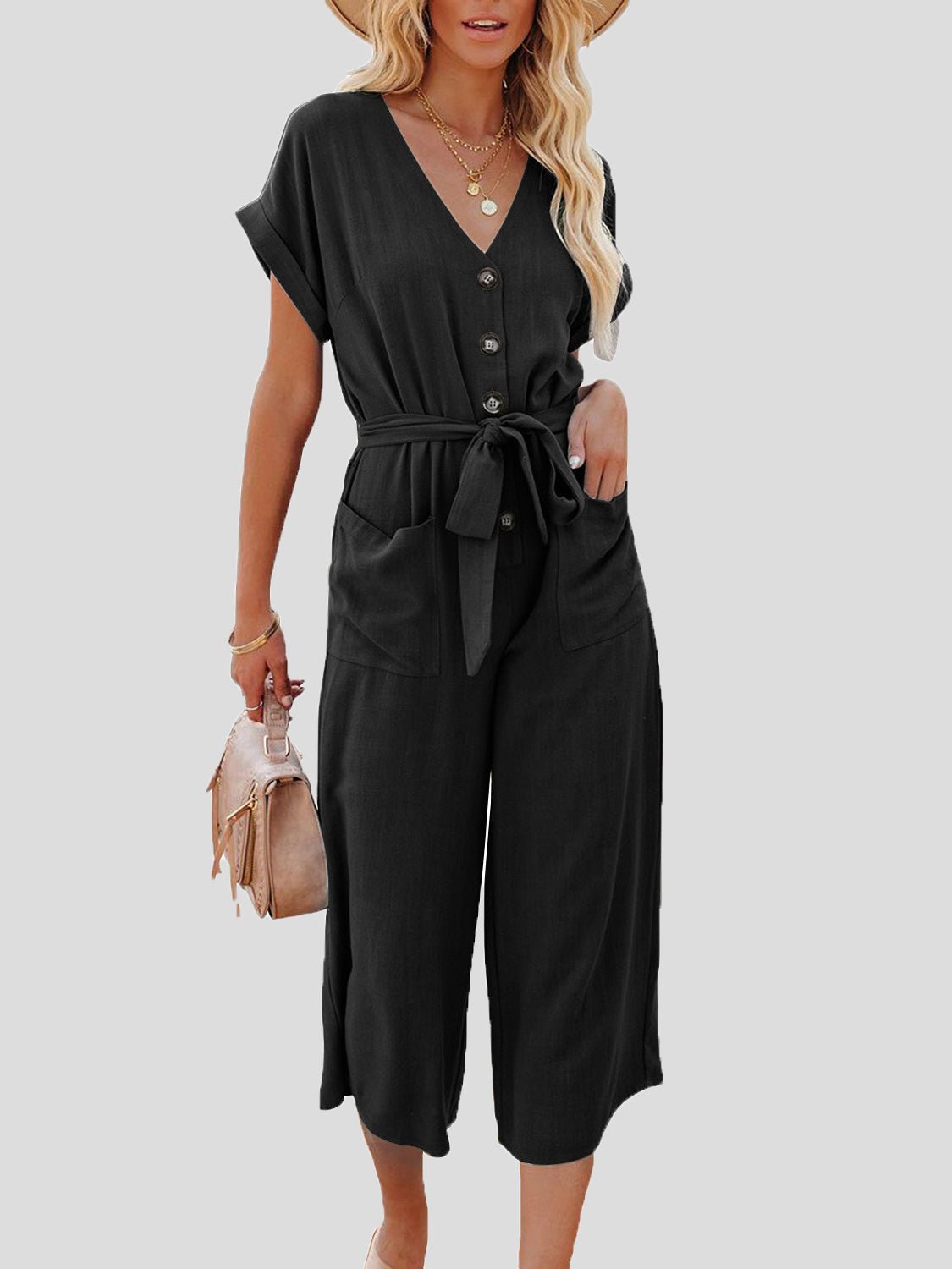 Women's Jumpsuits Casual V-Neck Belted Double Pocket Jumpsuit - LuckyFash™