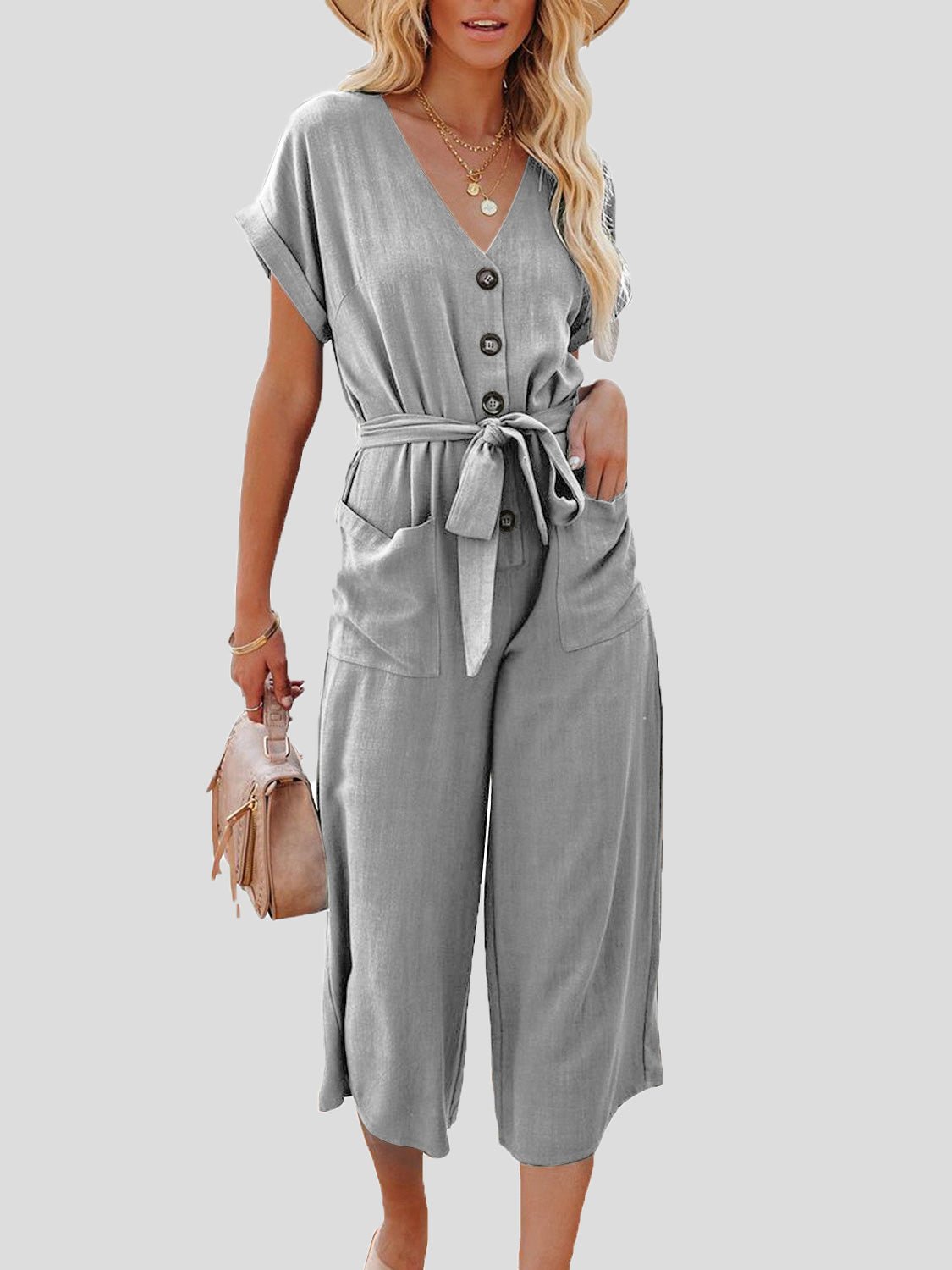 Women's Jumpsuits Casual V-Neck Belted Double Pocket Jumpsuit - LuckyFash™