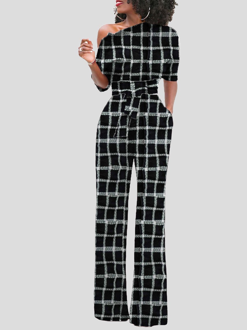 Women's Jumpsuits Check Print One Shoulder Belted Jumpsuit - LuckyFash™