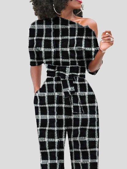 Women's Jumpsuits Check Print One Shoulder Belted Jumpsuit - LuckyFash™