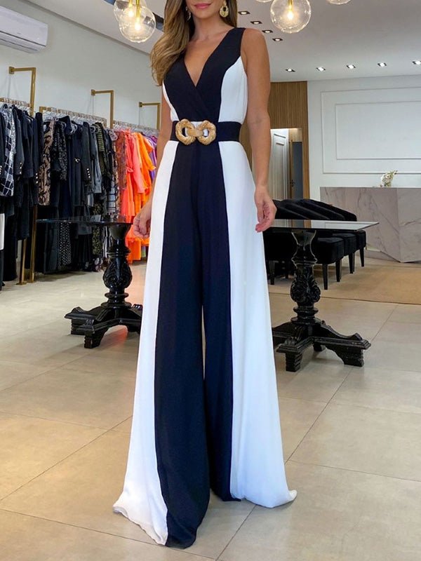 Women's Jumpsuits Colorblock V-Neck High Waist Wide Leg Jumpsuit - LuckyFash™
