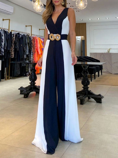 Women's Jumpsuits Colorblock V-Neck High Waist Wide Leg Jumpsuit - LuckyFash™