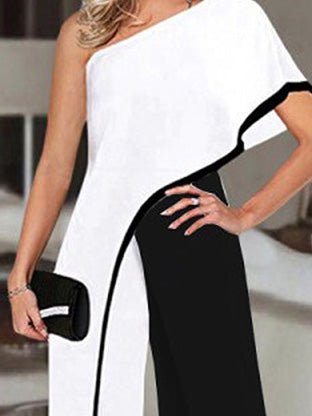 Women's Jumpsuits Contrast Sloping Shoulder Irregular Jumpsuit - LuckyFash™