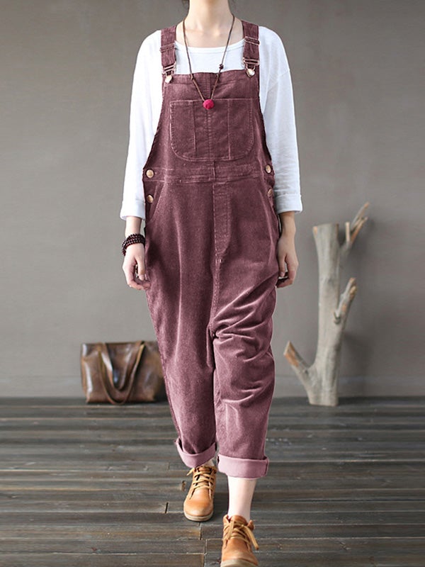 Women's Jumpsuits Corduroy Solid Casual Pocket Bib Jumpsuit - LuckyFash™