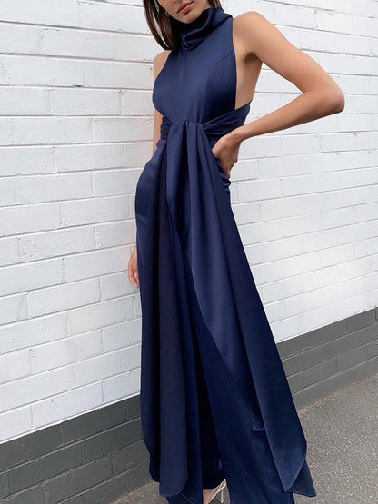 Women's Jumpsuits Crew Neck Tie Open Back Casual Jumpsuit - LuckyFash™