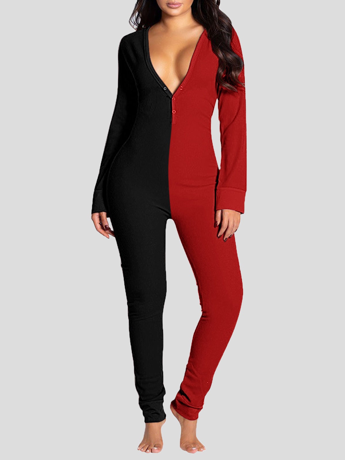 Women's Jumpsuits Deep V-Neck Button-Style Functional Long Sleeve Jumpsuit - LuckyFash™