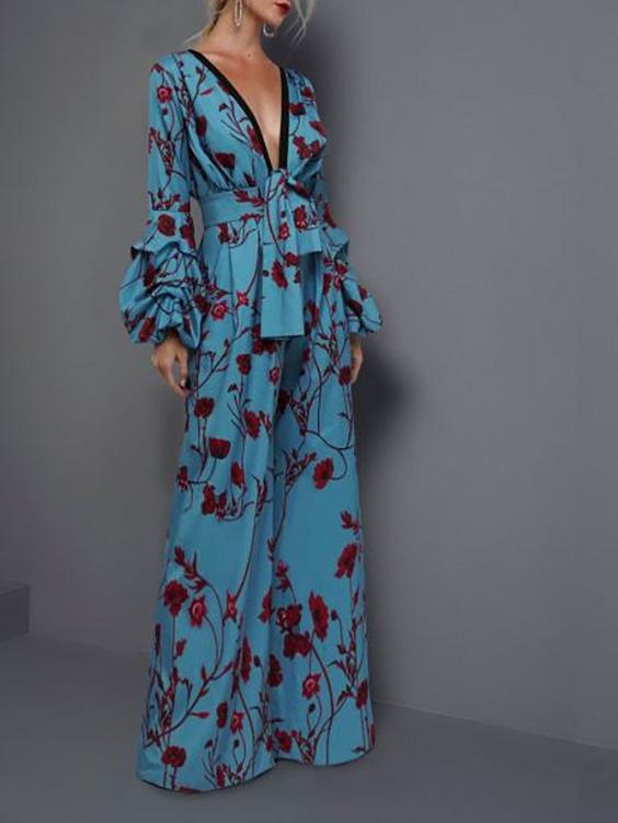 Women's Jumpsuits Deep V-Neck Long Sleeve Printed Comfortable Jumpsuit - LuckyFash™