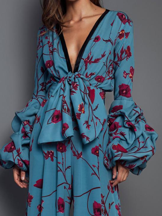 Women's Jumpsuits Deep V-Neck Long Sleeve Printed Comfortable Jumpsuit - LuckyFash™