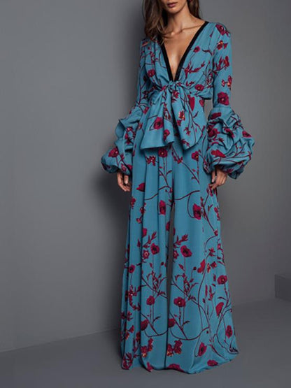 Women's Jumpsuits Deep V-Neck Long Sleeve Printed Comfortable Jumpsuit - LuckyFash™