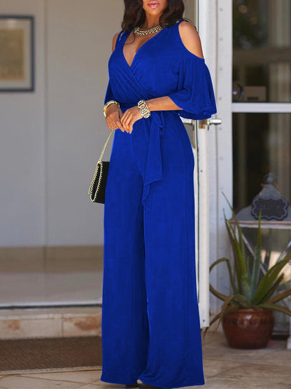Women's Jumpsuits Deep V-Neck Off-Shoulder Belted Wide Leg Jumpsuit - LuckyFash™