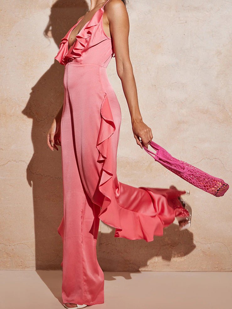 Women's Jumpsuits Deep V Neck Open Back Ruffle Jumpsuit - LuckyFash™