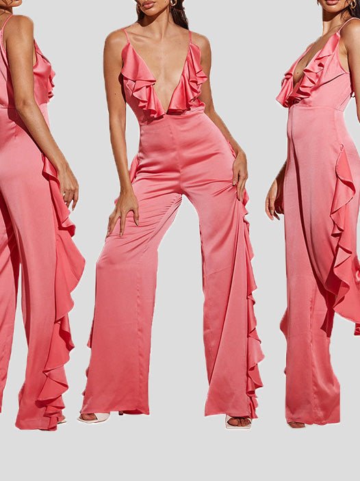 Women's Jumpsuits Deep V Neck Open Back Ruffle Jumpsuit - LuckyFash™