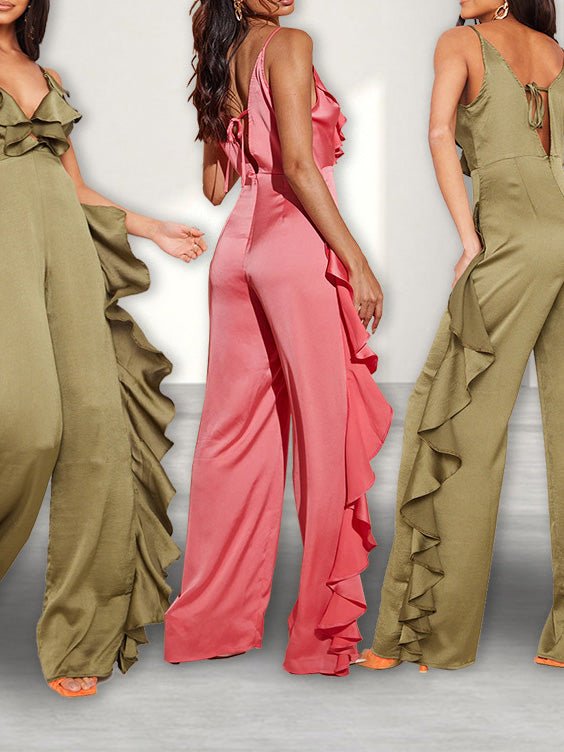 Women's Jumpsuits Deep V Neck Open Back Ruffle Jumpsuit - LuckyFash™
