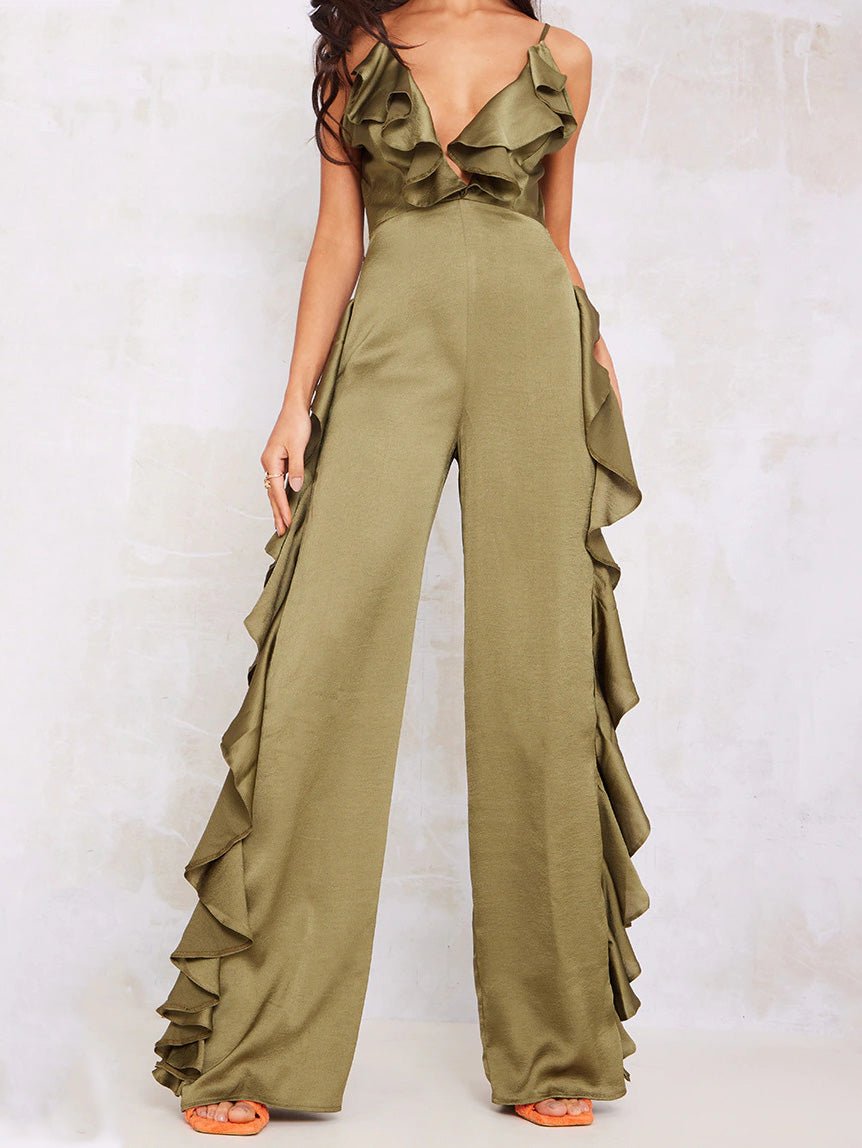 Women's Jumpsuits Deep V Neck Open Back Ruffle Jumpsuit - LuckyFash™