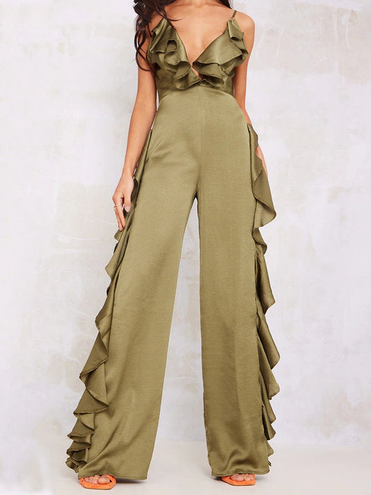 Women's Jumpsuits Deep V Neck Open Back Ruffle Jumpsuit - LuckyFash™