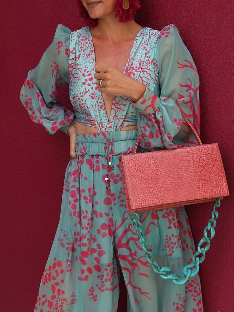 Women's Jumpsuits Deep V-Neck Printed Chiffon Long Sleeve Jumpsuit - LuckyFash™