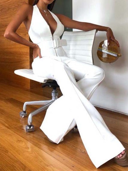 Women's Jumpsuits Deep V-Neck Sleeveless Belt Casual Jumpsuit - LuckyFash™