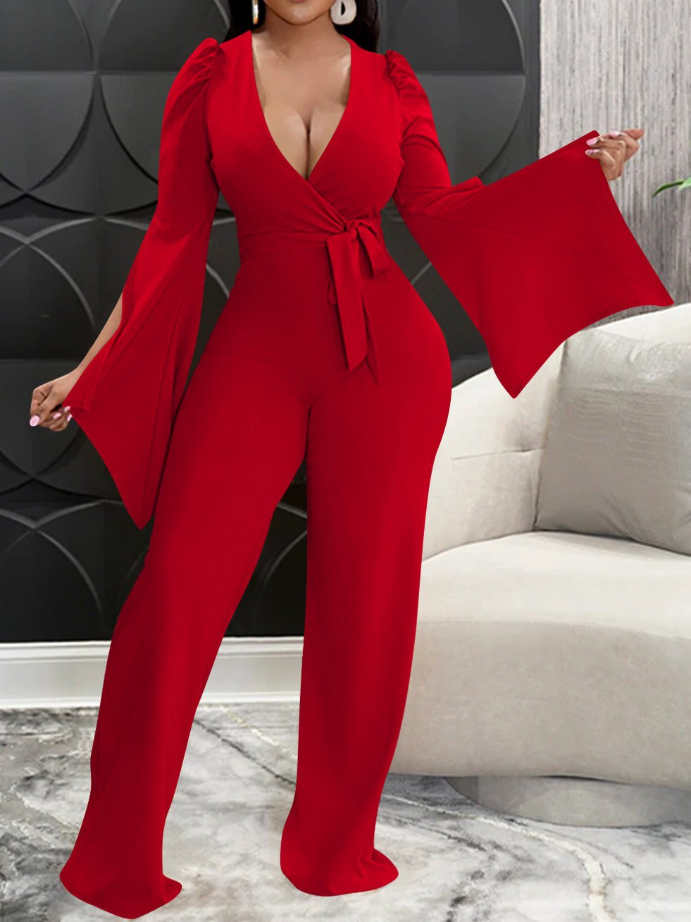 Women's Jumpsuits Deep V Neck Tie Slit Long Sleeve Slim Fit Jumpsuit - LuckyFash™