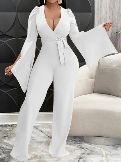 Women's Jumpsuits Deep V Neck Tie Slit Long Sleeve Slim Fit Jumpsuit - LuckyFash™