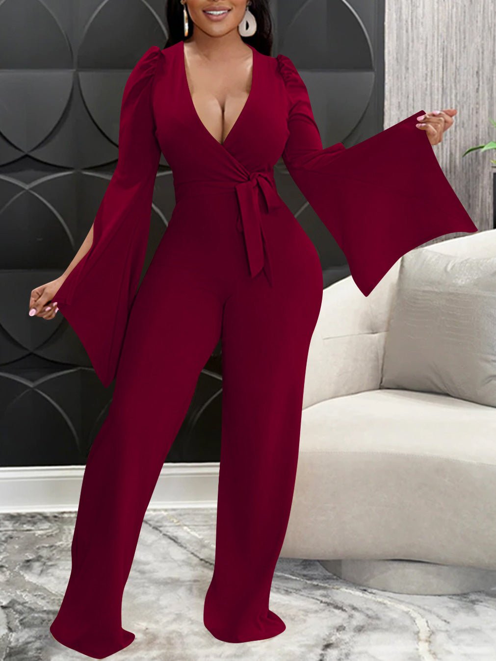 Women's Jumpsuits Deep V Neck Tie Slit Long Sleeve Slim Fit Jumpsuit - LuckyFash™