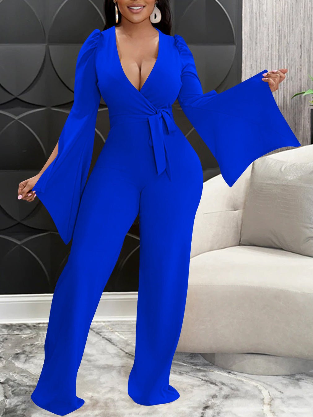 Women's Jumpsuits Deep V Neck Tie Slit Long Sleeve Slim Fit Jumpsuit - LuckyFash™