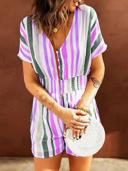 Women's Jumpsuits Elastic Waist Striped Print V-Neck Jumpsuit - LuckyFash™