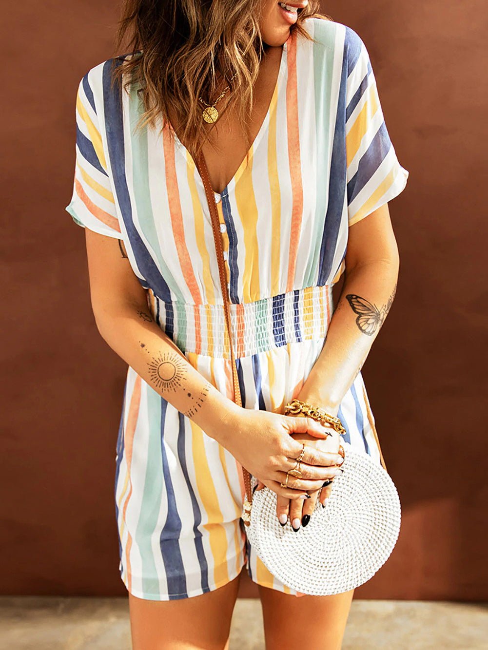 Women's Jumpsuits Elastic Waist Striped Print V-Neck Jumpsuit - LuckyFash™