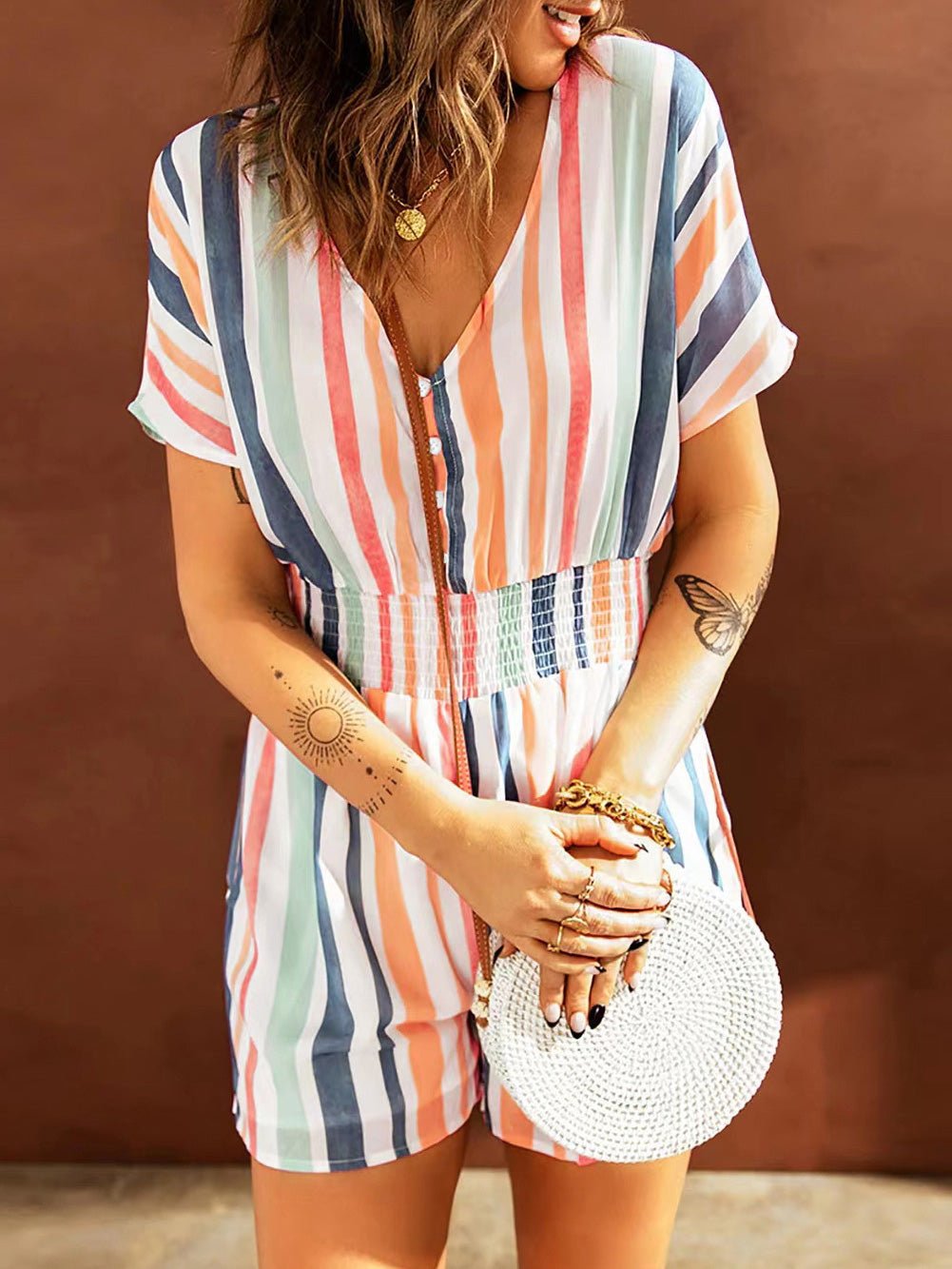 Women's Jumpsuits Elastic Waist Striped Print V-Neck Jumpsuit - LuckyFash™