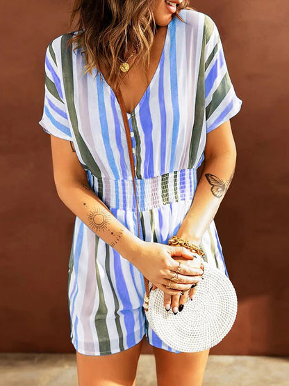 Women's Jumpsuits Elastic Waist Striped Print V-Neck Jumpsuit - LuckyFash™