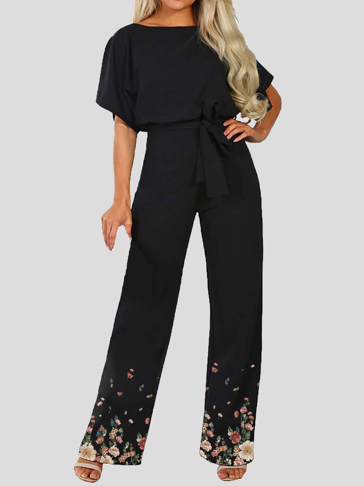 Women's Jumpsuits Floral Print Short Sleeve Lace Up Jumpsuit - LuckyFash™